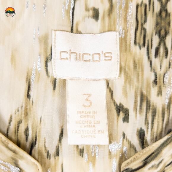 Chico's Popover Blouse Top Tan Abstract Print Metallic Boho Women's Plus Size 3 - Picture 8 of 13